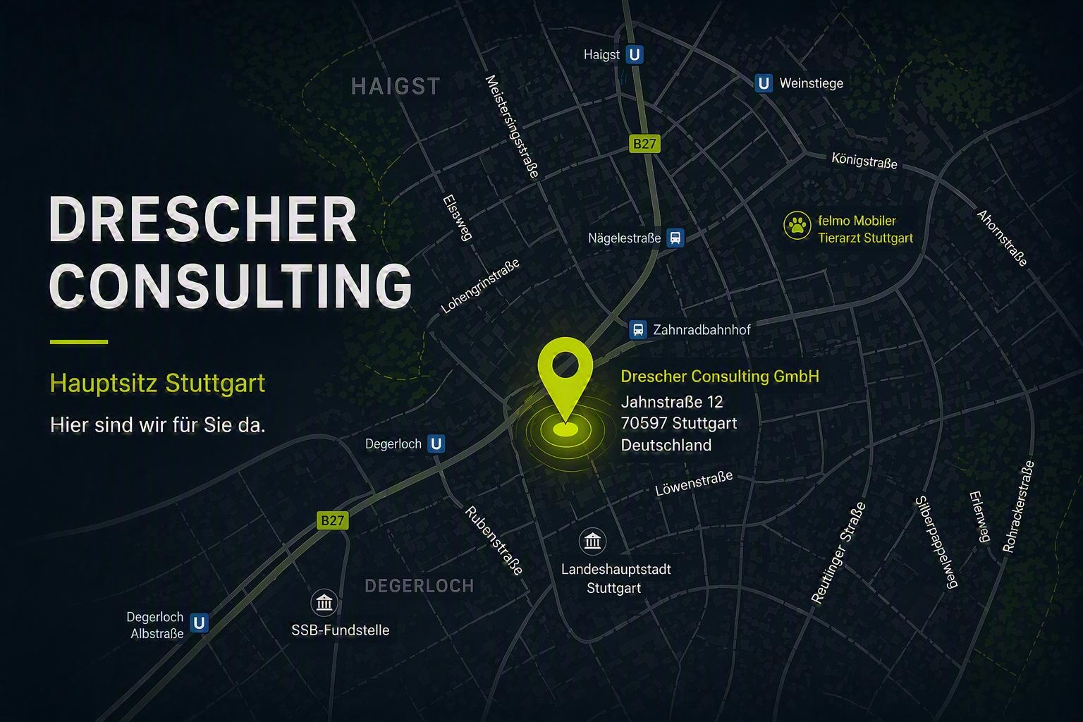 Straßenkarte mit dem Standort von Drescher Consulting in der Jahnstraße 12, Stuttgart